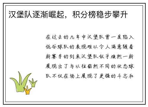汉堡队逐渐崛起，积分榜稳步攀升