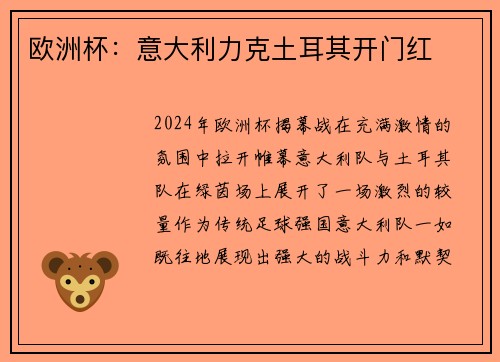 欧洲杯：意大利力克土耳其开门红