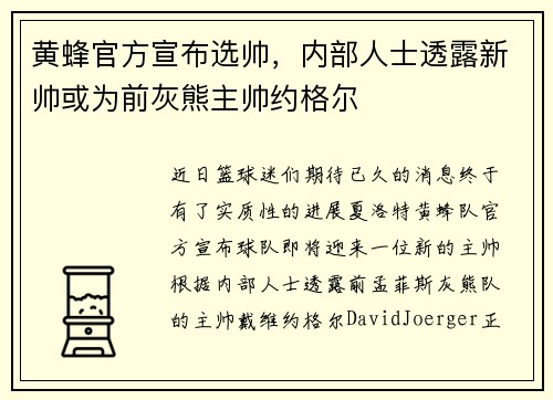 黄蜂官方宣布选帅，内部人士透露新帅或为前灰熊主帅约格尔