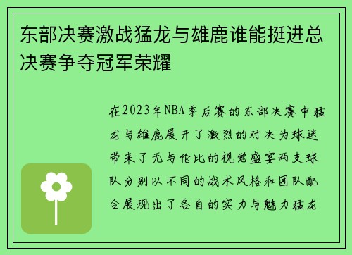 东部决赛激战猛龙与雄鹿谁能挺进总决赛争夺冠军荣耀